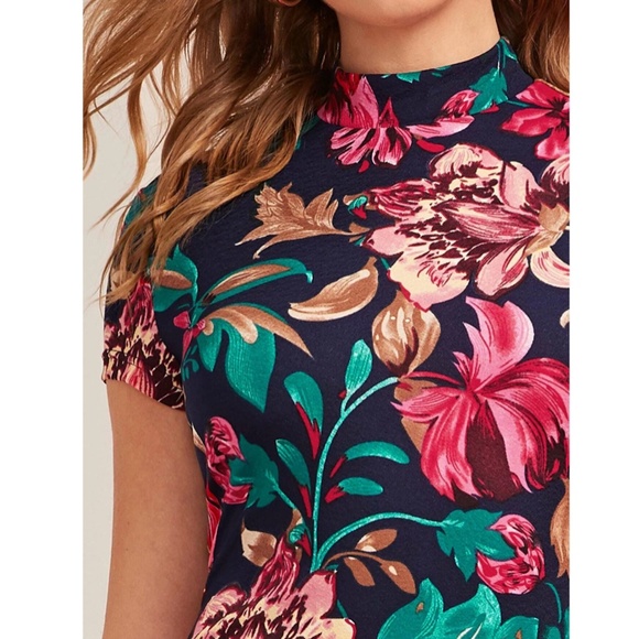 Floral Pattern Navy Blue Slim Dress Knee Length - Picture 4 of 9